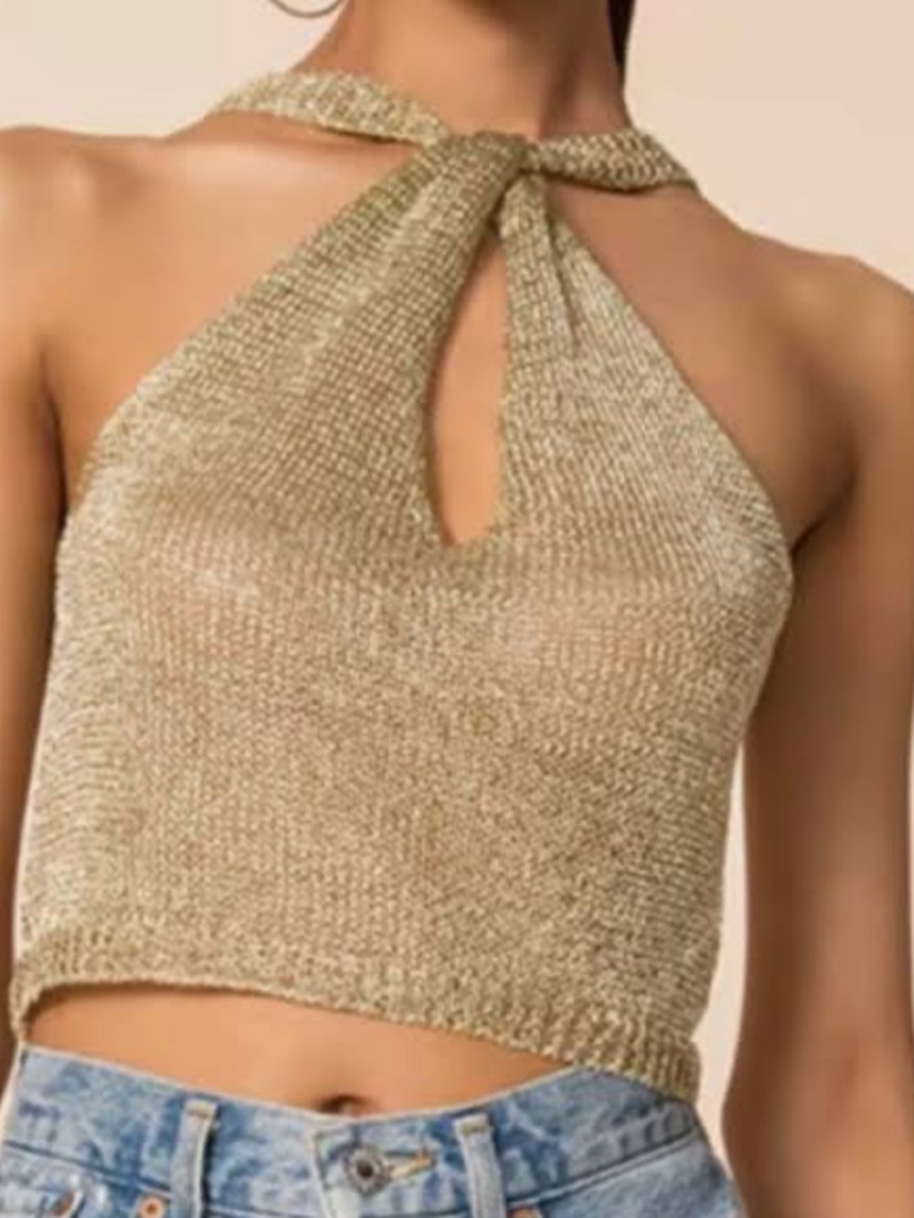 superdown Marianna Shimmer Halter knit Crop Top in Gold with keyhole